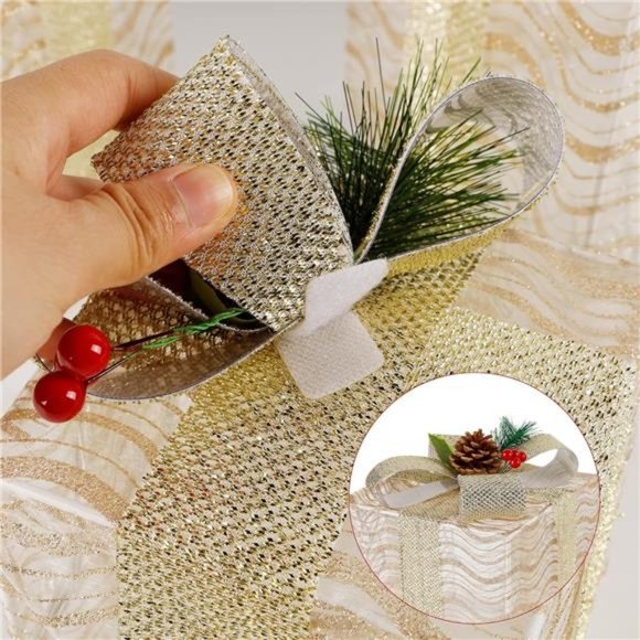 ATDAWN Set of 3 Lighted Gift Boxes Christmas Decorations  Set of 3 Lighted Gift Boxes Christmas Decor, Silver Bow Pre-lit Present Boxes